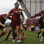 Munster's Damian de Allende celebrates scoring a try during the Heineken Champions Cup round of 16, second leg match at Thomond Park, Munster. Picture date: Saturday April 16, 2022.