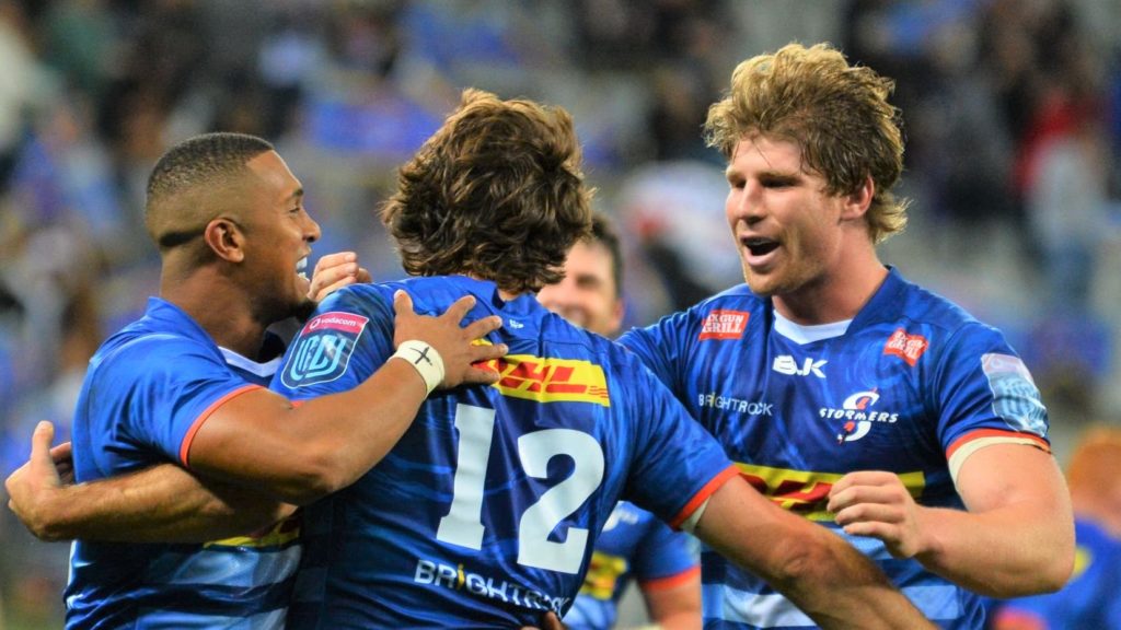 CAPE TOWN, SOUTH AFRICA - APRIL 22: Rikus Pretorius of DHL Stormers celebrates scoring a try with team mates during the United Rugby Championship match between DHL Stormers and Glasgow Warriors at DHL Stadium on April 22, 2022 in Cape Town, South Africa. (Photo by Grant Pitcher/Gallo Images/Getty Images)