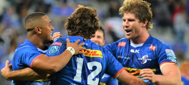 CAPE TOWN, SOUTH AFRICA - APRIL 22: Rikus Pretorius of DHL Stormers celebrates scoring a try with team mates during the United Rugby Championship match between DHL Stormers and Glasgow Warriors at DHL Stadium on April 22, 2022 in Cape Town, South Africa. (Photo by Grant Pitcher/Gallo Images/Getty Images)