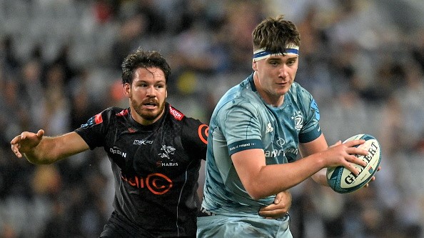 Durban , South Africa - 23 April 2022; Brian Deeny of Leinster is tackled by Marius Louw of Cell C Sharks during the United Rugby Championship match between Cell C Sharks and Leinster at Hollywoodbets Kings Park Stadium in Durban, South Africa. (Photo By Harry Murphy/Sportsfile via Getty Images)
