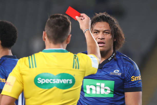 AUCKLAND, NEW ZEALAND - APRIL 02: Caleb Clarke of the Blues (R) is sent off with a red card by referee James Doleman during the round seven Super Rugby Pacific match between the Blues and the Moana Pasifika at Eden Park on April 02, 2022 in Auckland, New Zealand.