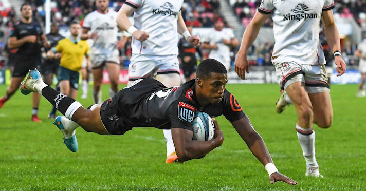 Belfast , United Kingdom - 20 May 2022; Grant Williams of Cell C Sharks scores Cell C Sharks third try of the game during the United Rugby Championship match between Ulster and Cell C Sharks at Kingspan Stadium in Belfast. (Photo By George Tewkesbury/Sportsfile via Getty Images)