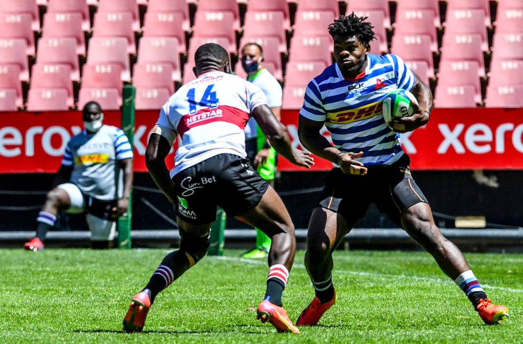 JOHANNESBURG, SOUTH AFRICA - OCTOBER 30: Ebenezer Tshimanga of Western Province with possession during the SA Rugby U20 Cup final match between Lions U20 and DHL Western Province U20 at Emirates Airline Park on October 30, 2021 in Johannesburg, South Africa.