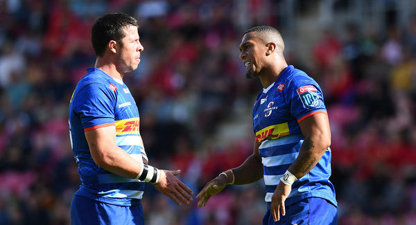 LLANELLI, WALES - MAY 21: Ruhan Nel and Leolin Zas of Stormers during the United Rugby Championship match between Scarlets and DHL Stormers at Parc y Scarlets on May 21, 2022 in Llanelli, Wales. (Photo by Ben Evans/Huw Evans Agency/Gallo Images)