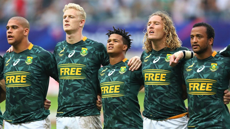 PARIS, FRANCE - JUNE 10:The South Africa players sing their national anthem prior to the Men's Cup Final match between England and South Africa during the HSBC Paris Sevens at Stade Jean Bouin on June 10, 2018 in Paris, France. (Photo by Steve Bardens/Getty Images)