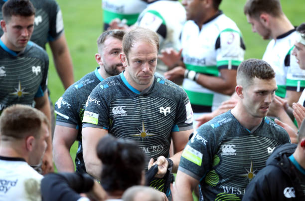 Ospreys' Alun Wyn Jones and George North (right) appears dejected after the final whistle during the Heineken Challenge Cup match at Liberty Stadium, Swansea. Picture date: Saturday April 3, 2021.