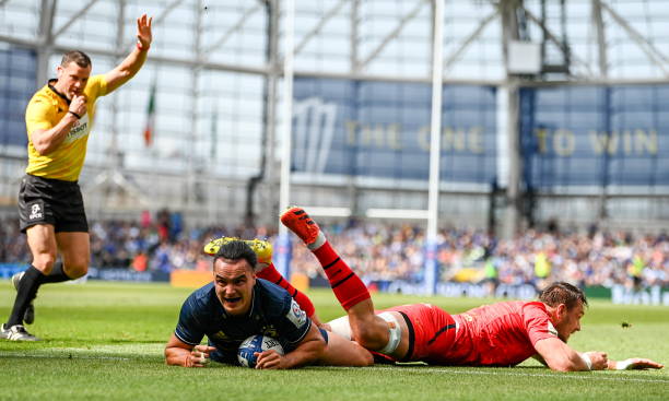 Dublin , Ireland - 14 May 2022; James Lowe of Leinster celebrates after scoring his side's first try during the Heineken Champions Cup Semi-Final match between Leinster and Toulouse at the Aviva Stadium in Dublin.