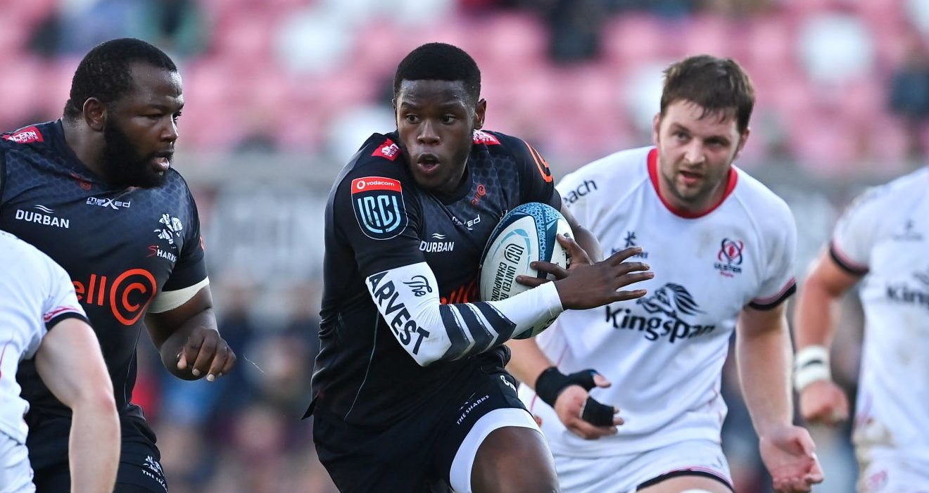 Belfast , United Kingdom - 20 May 2022; Aphelele Fassi of Cell C Sharks makes a break during the United Rugby Championship match between Ulster and Cell C Sharks at Kingspan Stadium in Belfast. (Photo By Brendan Moran/Sportsfile via Getty Images)