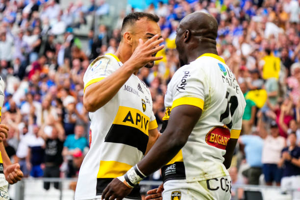 Raymond RHULE of Stade Rochelais celebrate his try with Dillyn LEYDS of Stade Rochelais during the Final Champions Cup match between Leinster and La Rochelle at Orange Velodrome on May 28, 2022 in Marseille, France.