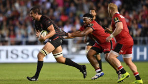 TOULON, FRANCE - MAY 14: Eben Etzebeth of Toulon is tackled by Eroni Mawi of Saracens during the ECPR Challenge Cup Semi Final match between RC Toulon and Saracens at Stade Mayol on May 14, 2022 in Toulon, France.