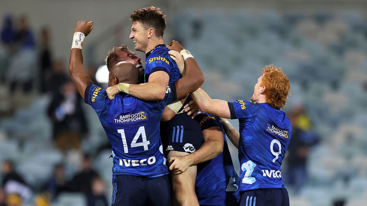 CANBERRA, AUSTRALIA - MAY 21: Beauden Barrett of the Blues celebrates kicking a field goal on full time to win the round 14 Super Rugby Pacific match between the ACT Brumbies and the Blues at GIO Stadium on May 21, 2022 in Canberra, Australia. (Photo by Mark Nolan/Getty Images)