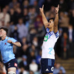 SYDNEY, AUSTRALIA - MAY 28: Zarn Sullivan of the Blues celebrates kicking the winning field goal after the siren during the round 15 Super Rugby Pacific match between the NSW Waratahs and the Blues at Leichhardt Oval on May 28, 2022 in Sydney, Australia.