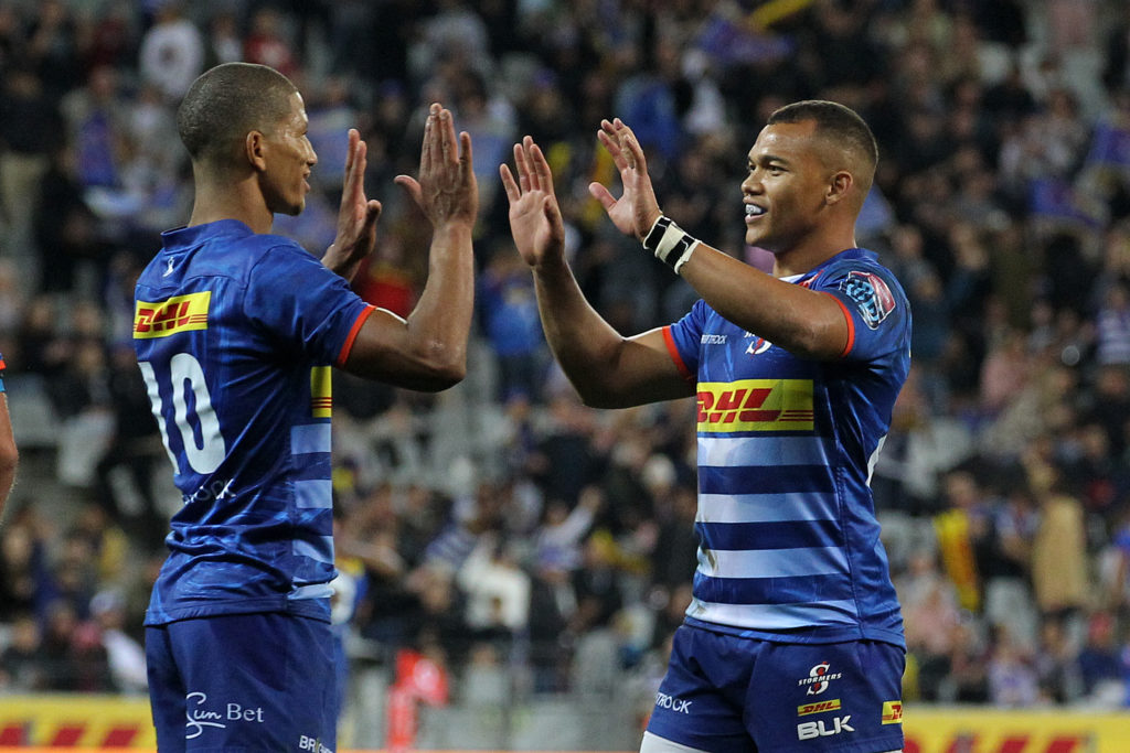 Manie Libbok of Stormers and Godlen Masimla of Stormers celebrate as Stormers beat Edinburgh to reach the Semifinals during the United Rugby Championship 2021/22 Quarterfinal match between Stormers and Edinburgh held at Cape Town Stadium in Cape Town, South Africa on 4 June 2022