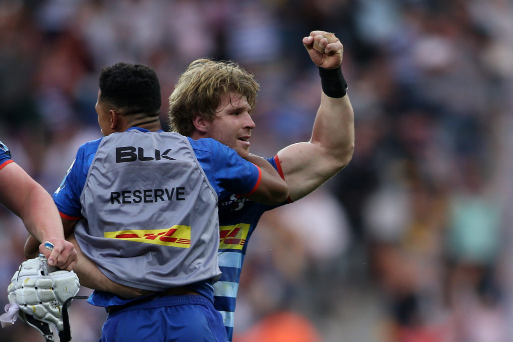 Sacha Mngomezulu of Stormers and Evan Roos of Stormers celebrate Stormers beating Ulster to reach the final during the United Rugby Championship 2021/22 Semifinal match between Stormers and Ulster held at Cape Town Stadium in Cape Town, South Africa on 11 June 2022