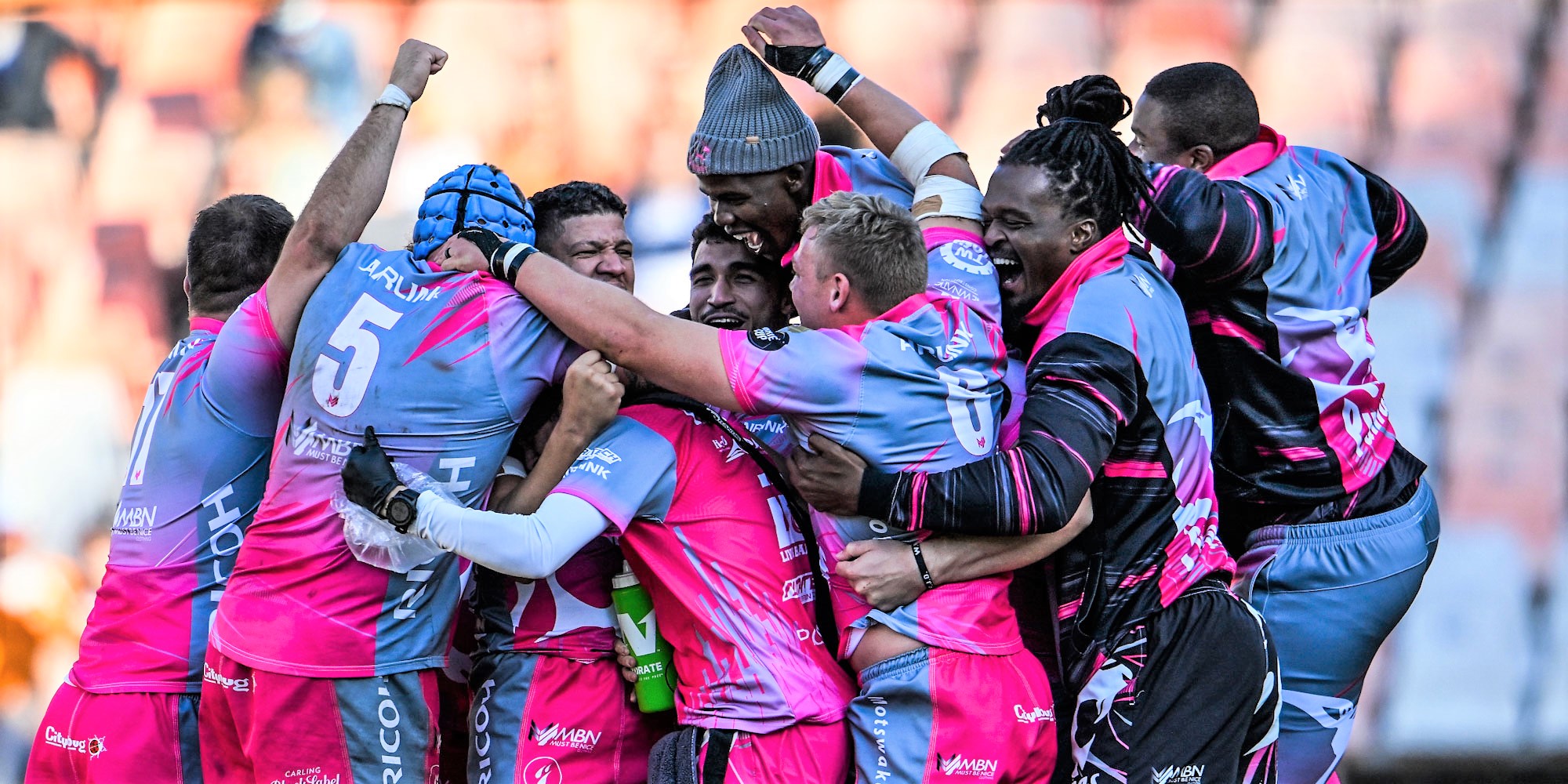 BLOEMFONTEIN, SOUTH AFRICA - JUNE 18: Pumas celebrating during the Carling Currie Cup semi-final match between Toyota Cheetahs and Airlink Pumas at Toyota Stadium on June 18, 2022 in Bloemfontein, South Africa. (Photo by Johan Pretorius/Gallo Images)