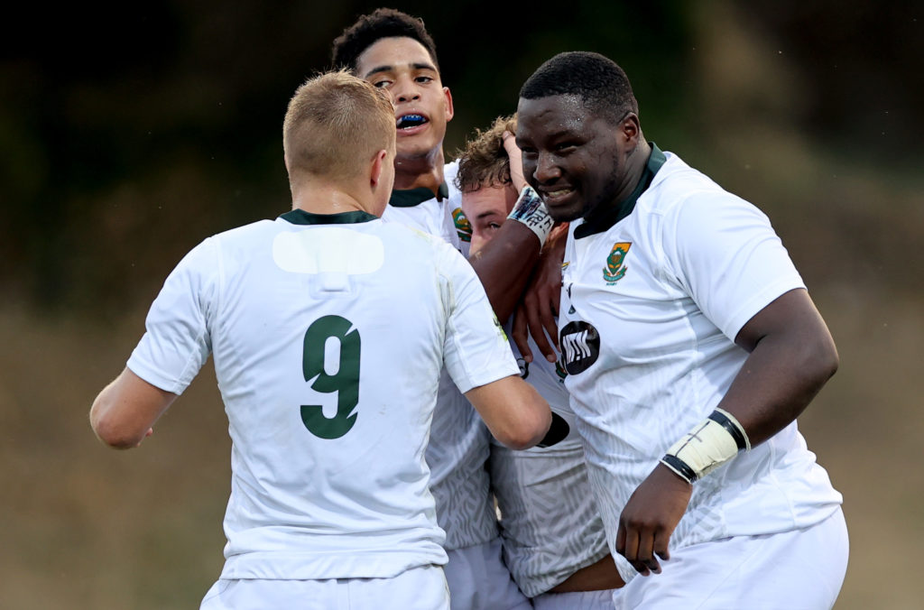 Under 20 Six Nations Summer Series Round 2 Pool A, Payanini Center, Verona, Italy 29/6/2022 Ireland vs South Africa South Africa’s Nico Steyn, Sacha Mngomezulu and Sivuyise Mabece celebrate with try scorer Tiaan Lange