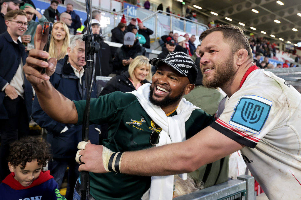 United Rugby Championship, Kingspan Stadium, Belfast 20/5/2022 Ulster vs Cell C Sharks Ulster's Duane Vermeulen takes a selfie with a fan after the game