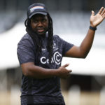 DURBAN, SOUTH AFRICA - MARCH 09: Phiwe Nomlomo (Skills Specialist Assistant Coach) of the Cell C Sharks during the Cell C Sharks training session at Hollywoodbets Kings Park on March 09, 2022 in Durban, South Africa.