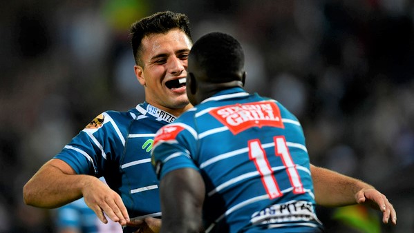 STELLENBOSCH, SOUTH AFRICA - JUNE 03: Rynhardt Jonker of Griquas celebrate with Luther Obi of Griquas during the Carling Currie Cup match between DHL Western Province and Windhoek Draught Griquas at Danie Craven Stadium on June 03, 2022 in Stellenbosch, South Africa. (Photo by Ashley Vlotman/Gallo Images)