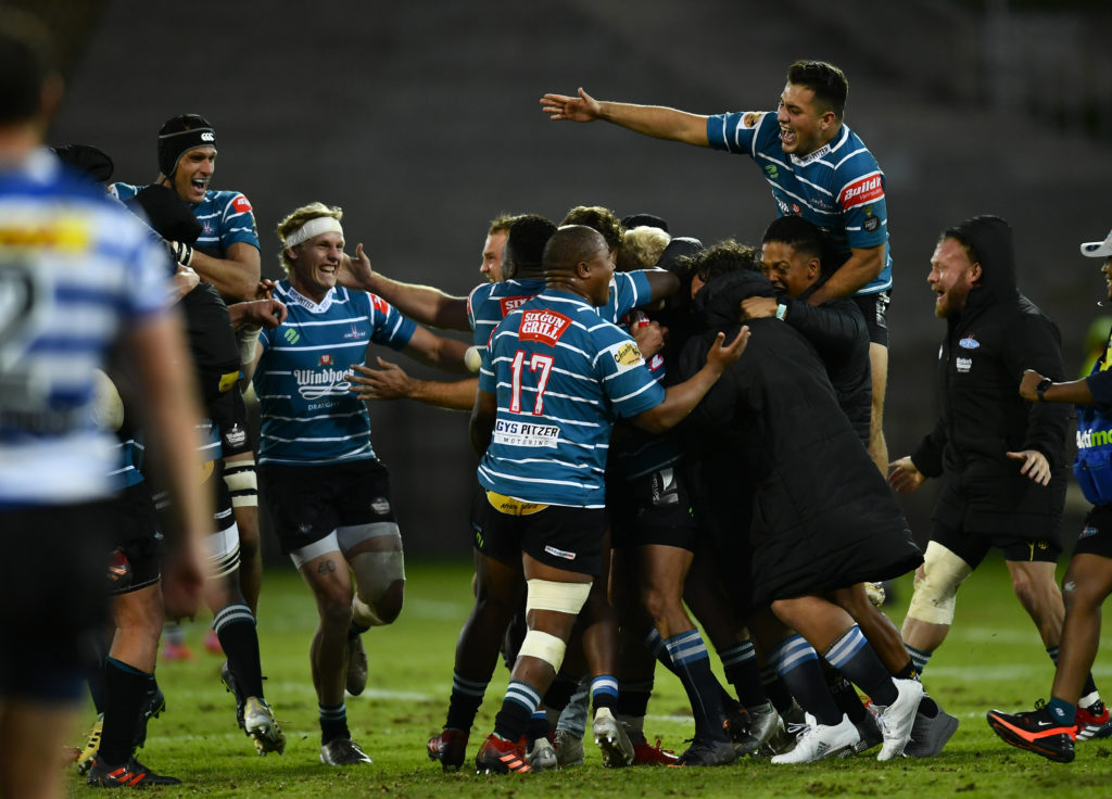 STELLENBOSCH, SOUTH AFRICA - JUNE 03: Griquas celebrate winning during the Carling Currie Cup match between DHL Western Province and Windhoek Draught Griquas at Danie Craven Stadium on June 03, 2022 in Stellenbosch, South Africa.