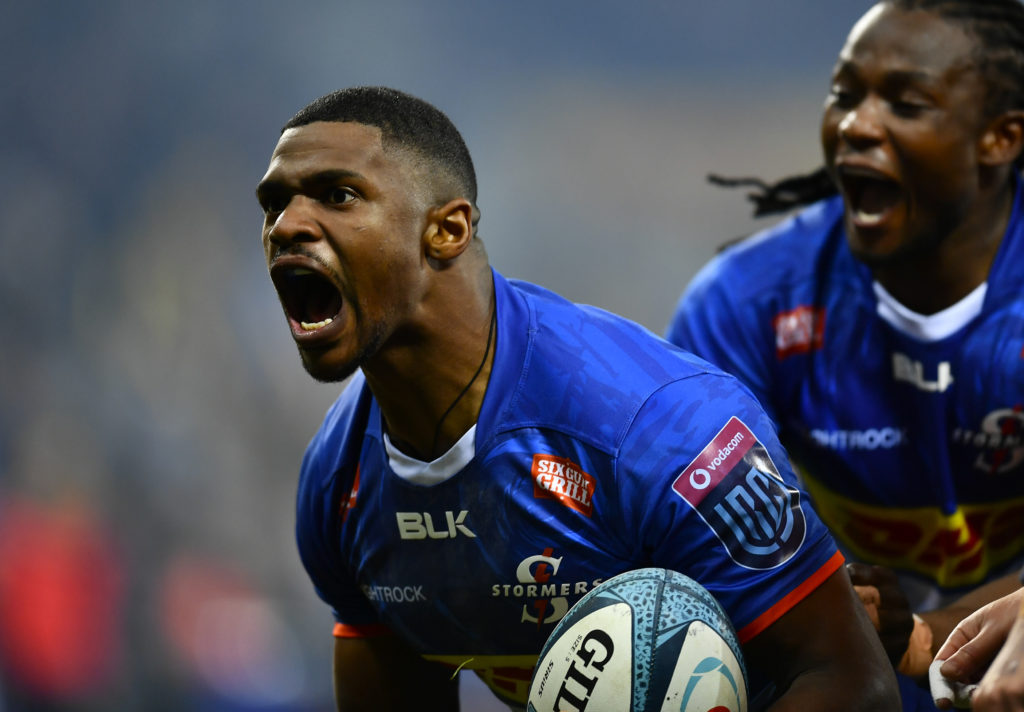 CAPE TOWN, SOUTH AFRICA - JUNE 04: Warrick Gelant of the Stormers celebrate after scoring a try during the United Rugby Championship match between DHL Stormers and Edinburgh at DHL Stadium on June 04, 2022 in Cape Town, South Africa.