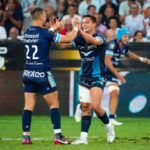 Handre POLLARD of Montpellier Herault Rugby (MHR) and Arthur VINCENT of Montpellier Herault Rugby (MHR) celebrates during the Top 14 Playoffs, Semifinal match between Montpellier and Bordeaux on June 18, 2022 in Nice, France.