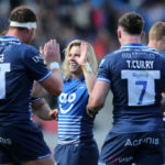 SALFORD, ENGLAND - JUNE 04: Cobus Wiese celebrates with Faf de Klerk of Sale Sharks after scoring a try during the Gallagher Premiership Rugby match between Sale Sharks and Bristol Bears at AJ Bell Stadium on June 04, 2022 in Salford, England.