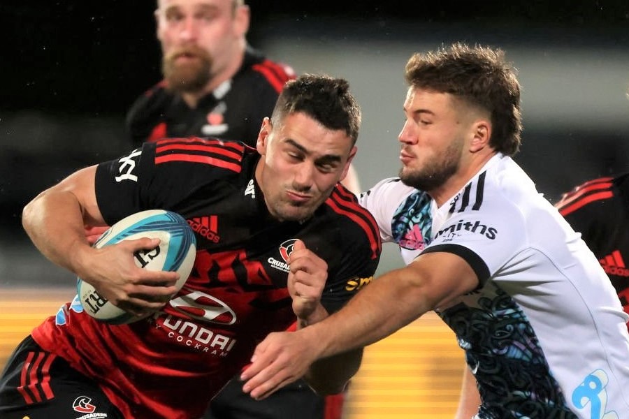 CHRISTCHURCH, NEW ZEALAND - JUNE 10: Will Jordan of the Crusaders charges forward during the Super Rugby Pacific Semi Final match between the Crusaders and the Chiefs at Orangetheory Stadium on June 10, 2022 in Christchurch, New Zealand. (Photo by Peter Meecham/Getty Images)