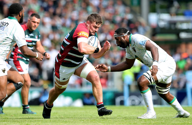 LEICESTER, ENGLAND - JUNE 11: Jasper Wiese of Leicester Tigers takes on Api Ratuniyarawa of Northampton Saints during the Gallagher Premiership Rugby Semi Final match between Leicester Tigers and Northampton Saints at Mattioli Woods Welford Road Stadium on June 11, 2022 in Leicester, England.