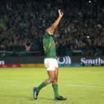 epa10048244 South Africa's Damian Willemse celebrates after kicking the winning penalty during the rugby test match between South Africa and Wales at the Loftus Stadium in Pretoria, South Africa, 02 July 2022. Wales play 3 test matches in South Africa during the tour.