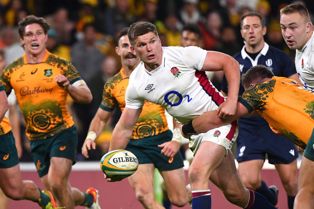 epa10061443 Owen Farrell of England makes a run during the second Test match of the International Rugby Test series between Australia and England at at Suncorp Stadium in Brisbane, Australia, 09 July 2022. EPA/Jono Searle AUSTRALIA AND NEW ZEALAND OUT