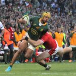 Kurt-Lee Arendse of South Africa is tackled by Alex Cuthbert of Wales during the 2022 Castle Lager Incoming Series match between South Africa and Wales held at Toyota Stadium in Bloemfontein, South Africa on 09 July 2022 ©Shaun Roy/BackpagePix