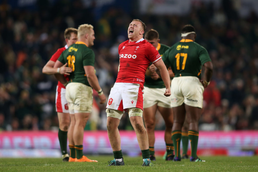 Tommy Reffell of Wales celebrates as Wales beat South Africa 12 - 13 during the 2022 Castle Lager Incoming Series match between South Africa and Wales held at Toyota Stadium in Bloemfontein, South Africa on 09 July 2022