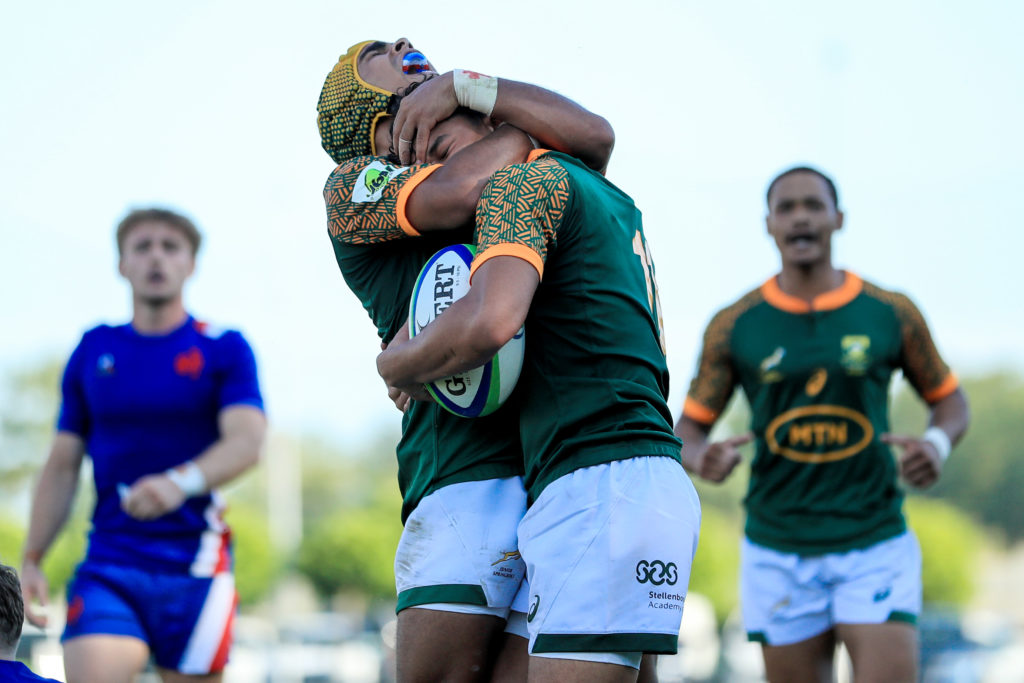 Under 20 Six Nations Summer Series Round 3 Pool A, Payanini Center, Verona, Italy 5/7/2022 France vs South Africa South Africa's Imad Khan celebrates after scoring a try with Ethan James y