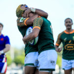Under 20 Six Nations Summer Series Round 3 Pool A, Payanini Center, Verona, Italy 5/7/2022 France vs South Africa South Africa's Imad Khan celebrates after scoring a try with Ethan James y