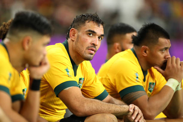 OITA, JAPAN - OCTOBER 19: Rory Arnold of Australia reacts on the bench during the Rugby World Cup 2019 Quarter Final match between England and Australia at Oita Stadium on October 19, 2019 in Oita, Japan.
