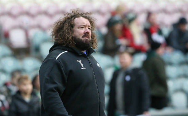 LEICESTER, ENGLAND - DECEMBER 05: Harlequins' Scrum Coach Adam Jones during the Gallagher Premiership Rugby match between Leicester Tigers and Harlequins at Mattioli Woods Welford Road Stadium on December 5, 2021 in Leicester, England.
