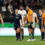 Darcy Swain (2nd R) of Australia receives a red card during the rugby test between Australia and England at the Optus Stadium in Perth on July 2, 2022. - --