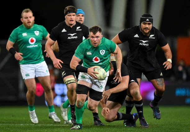 Otago , New Zealand - 9 July 2022; Peter OMahony of Ireland breaks past the challenge of Aidan Ross of New Zealand during the Steinlager Series match between the New Zealand and Ireland at the Forsyth Barr Stadium in Dunedin, New Zealand.