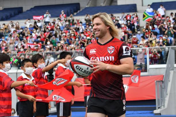 South African rugby player Faf de Klerk attends a welcome ceremony with his new club Yokohama Canon Eagles at Nissan Stadium in Yokohama on July 21, 2022.