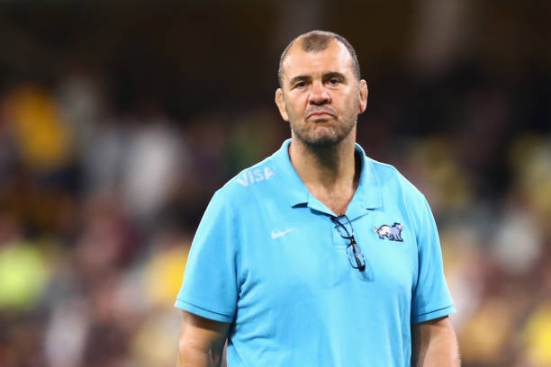 TOWNSVILLE, AUSTRALIA - SEPTEMBER 25: Pumas assistant coach Michael Cheika looks on during warm up ahead of The Rugby Championship match between the Australian Wallabies and Argentina Pumas at QCB Stadium on September 25, 2021 in Townsville, Australia.