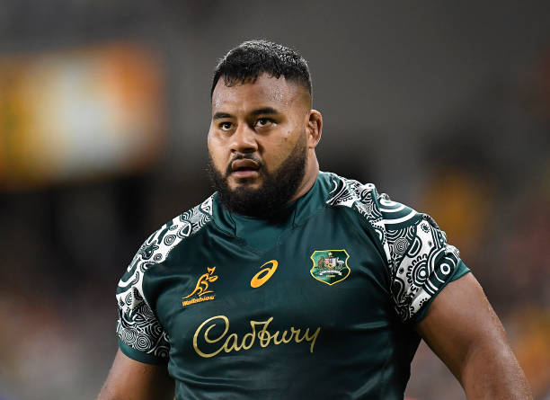 TOWNSVILLE, AUSTRALIA - SEPTEMBER 25: Taniela Tupou of the Wallabies looks on during The Rugby Championship match between the Australian Wallabies and Argentina Pumas at QCB Stadium on September 25, 2021 in Townsville, Australia.