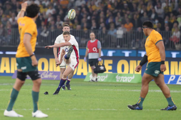 PERTH, AUSTRALIA - JULY 02: Owen Farrell of England takes a penalty kick during game one of the international test match series between the Australian Wallabies and England at Optus Stadium on July 02, 2022 in Perth, Australia.