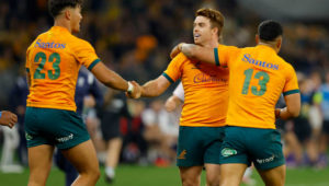 PERTH, AUSTRALIA - JULY 02: Andrew Kellaway of the Wallabies high fives Jordan Petaia of the Wallabies after a try during game one of the international test match series between the Australian Wallabies and England at Optus Stadium on July 02, 2022 in Perth, Australia.