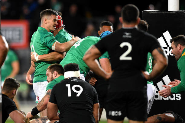 DUNEDIN, NEW ZEALAND - JULY 09: Johnny Sexton of Ireland celebrates a try during the International Test match between the New Zealand All Blacks and Ireland at Forsyth Barr Stadium on July 09, 2022 in Dunedin, New Zealand.