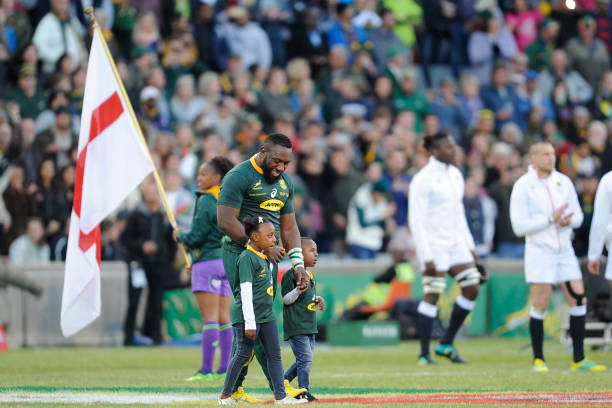 BLOEMFONTEIN, SOUTH AFRICA - JUNE 16: Tendai Mtawarira of the Springboks brings his children onto the field for his 100th test for South Africa during the second test match between South Africa and England at Toyota Stadium on June 16, 2018 in Bloemfontein, South Africa.