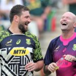 Jacques Nienaber, coach of South Africa shares joke with players during the 2022 Castle Lager Rugby Championship match between South Africa and New Zealand, at Mbombela Stadium, in Nelspruit on6 Auagust 2022 ©Samuel Shivambu/BackpagePix