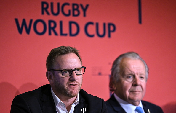 Dublin , Ireland - 12 May 2022; World Rugby chief executive Alan Gilpin, left, and World Rugby chairman Sir Bill Beaumont during a World Rugby Cup future hosts announcement media conference at the Convention Centre in Dublin.