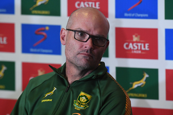 JOHANNESBURG, SOUTH AFRICA - AUGUST 13: Jacques Nienaber (coach) of South Africa in the post match press conference during The Rugby Championship match between South Africa and New Zealand at Emirates Airline Park on August 13, 2022 in Johannesburg, South Africa.