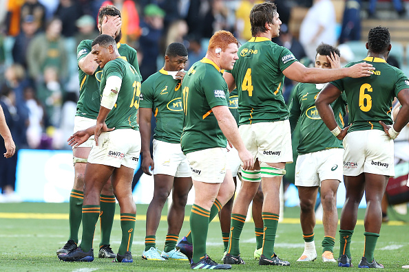 ADELAIDE, AUSTRALIA - AUGUST 27: The Springboks look dejected after defeat during The Rugby Championship match between the Australian Wallabies and the South African Springboks at Adelaide Oval on August 27, 2022 in Adelaide, Australia.